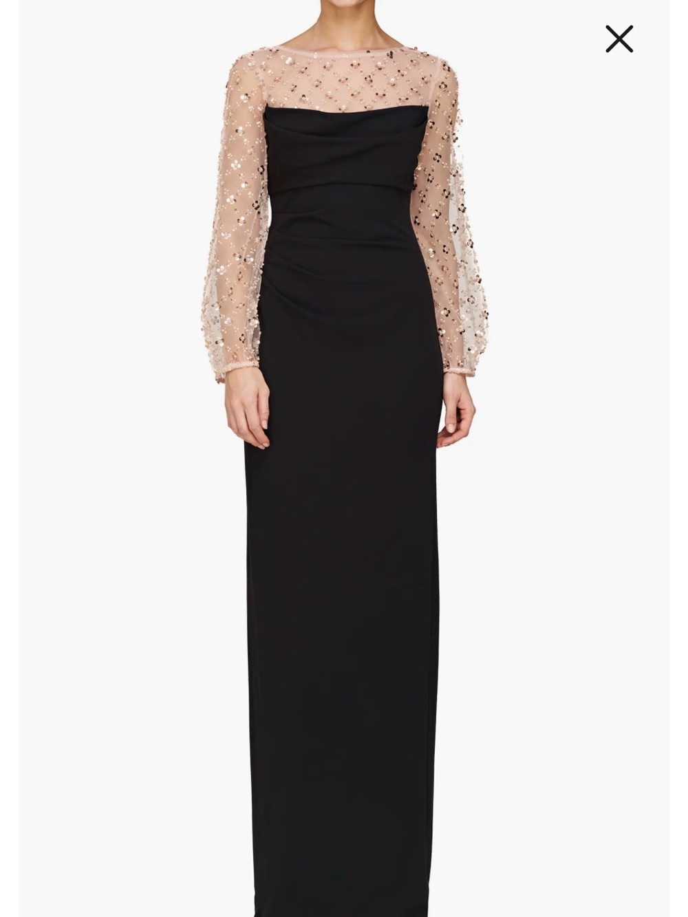 JS Collections Black Gown with Nude Beaded Illusion Sleeves